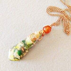 Handmade Moss Forest Jasper Pendant • Dainty Copper Woodland Witch Necklace